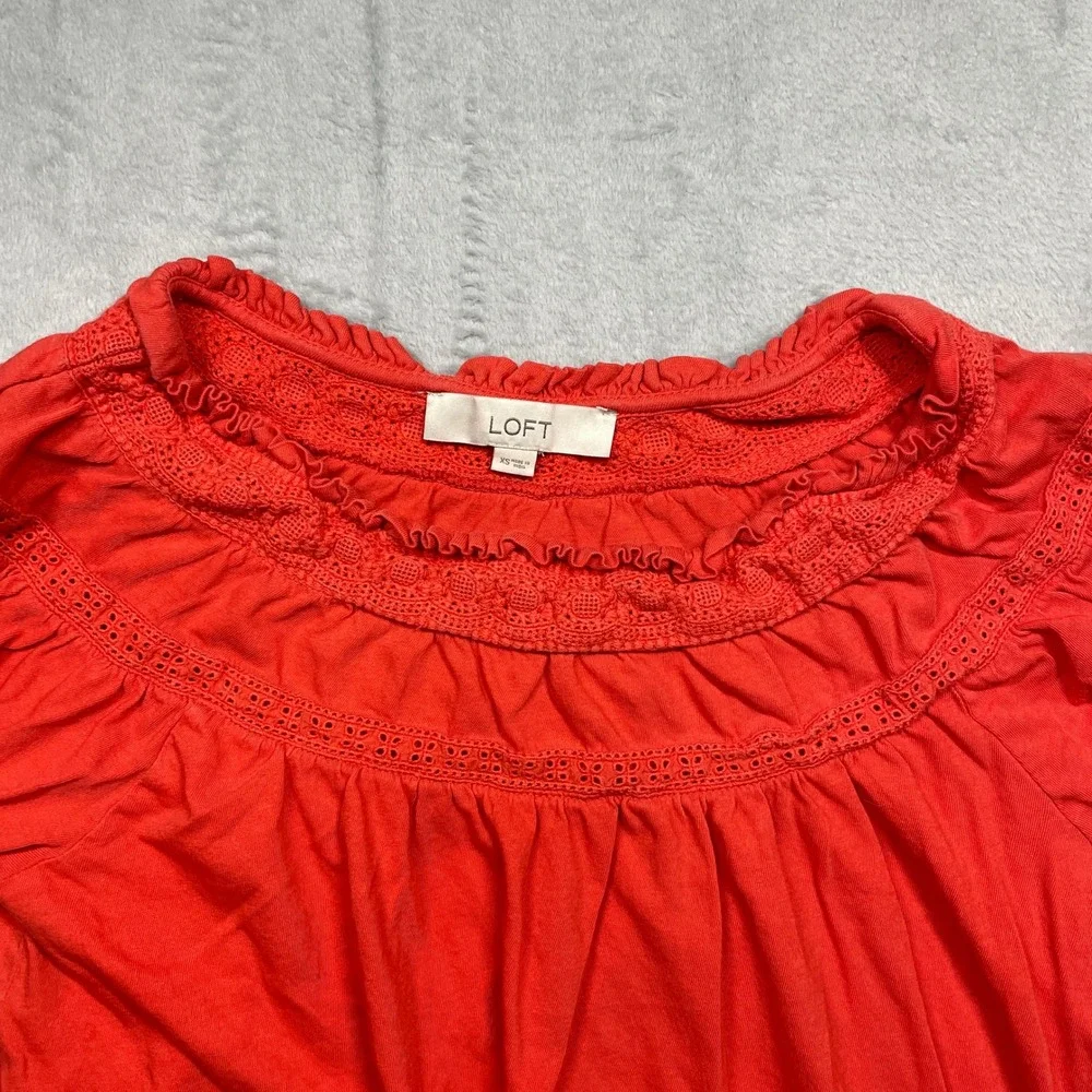 LOFT Peasant Top Women XS Red Puff Sleeve Eyelet Lace Ruffle Cotton